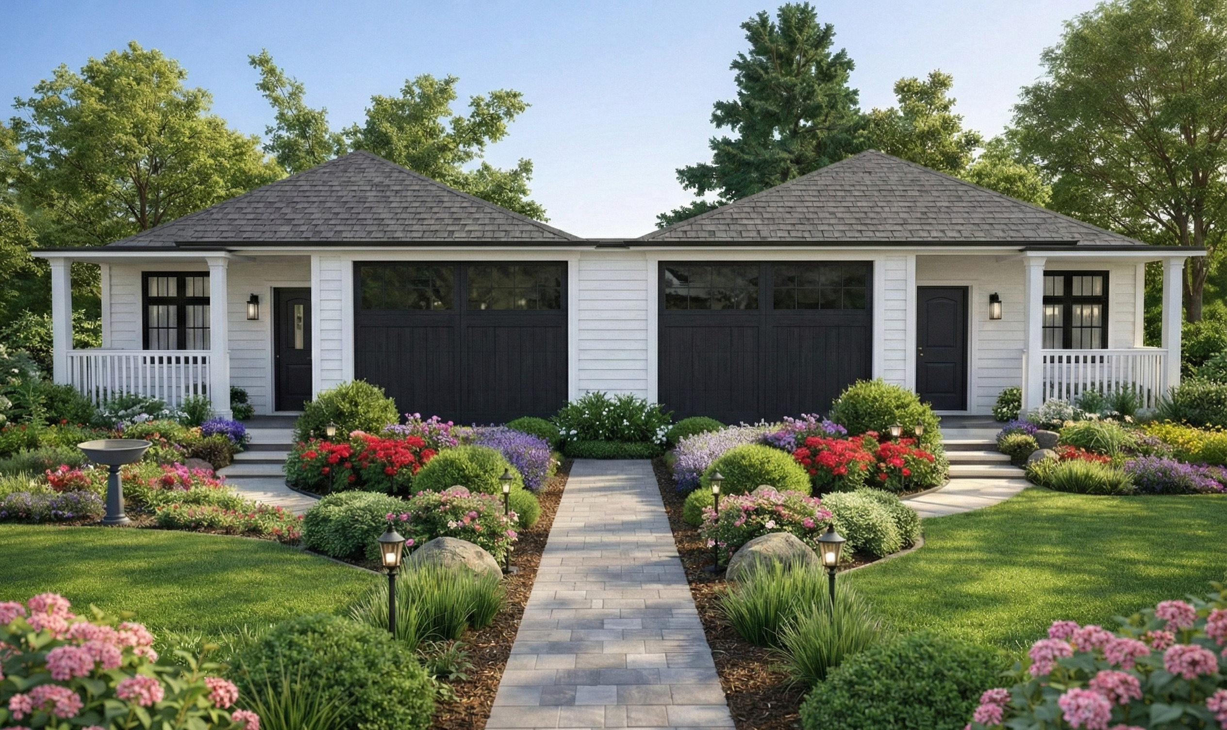 Side-by-Side Duplex House Plan — 4 Bedrooms, 4 Baths, 2691 sq ft (250 m²), Dual Garages