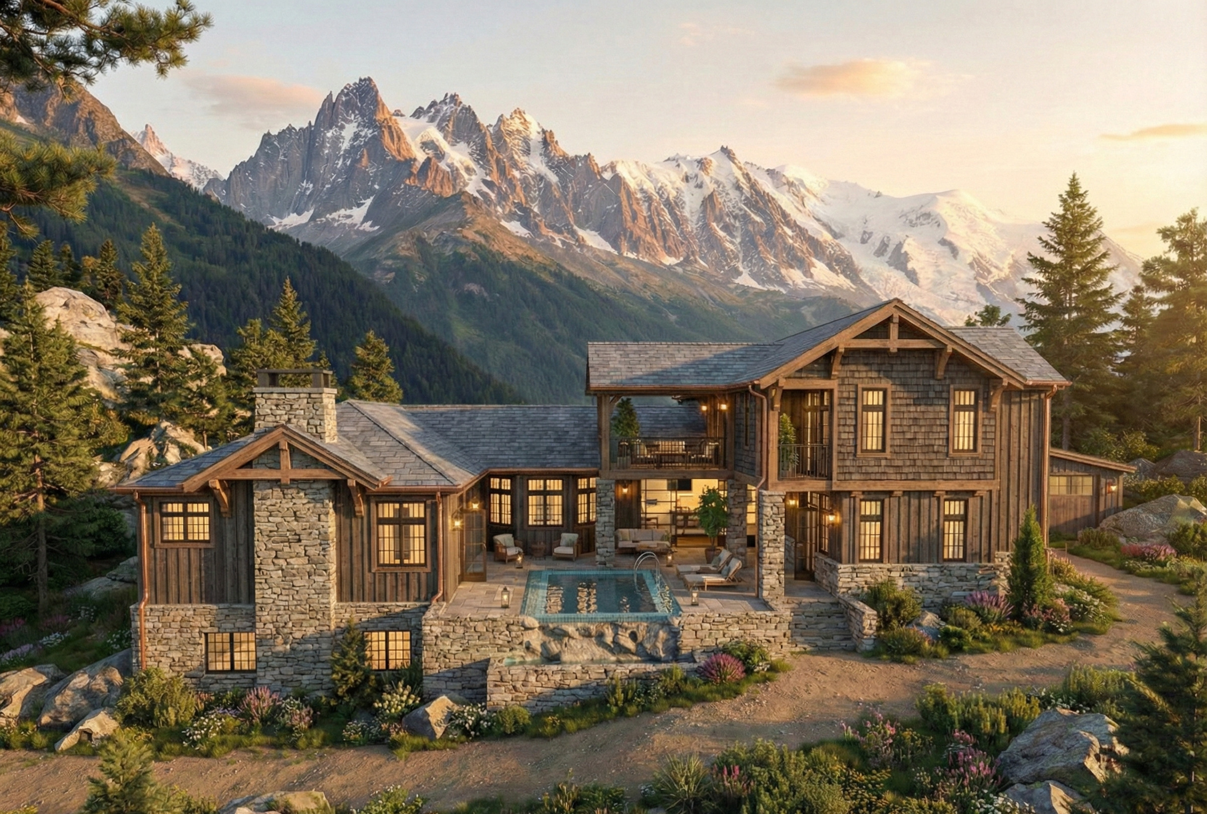 Elegant U-Shaped House Plan — 4 Beds, Courtyard Pool, 318 m² (3,423 sq ft), 1-Car Garage