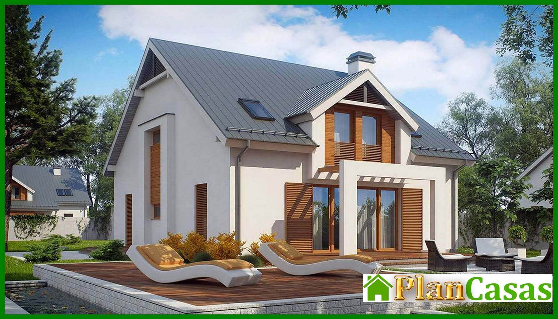 The project of a bright stylish classic house with an attic and a garage for a car house plan