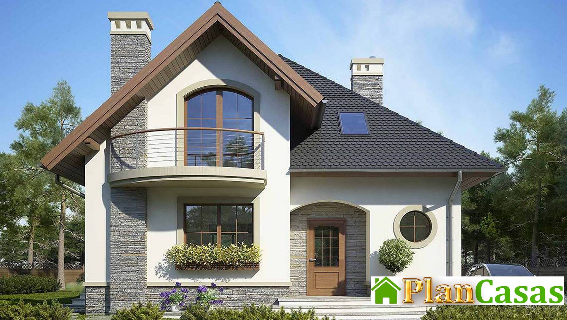 Beautiful two-story house with semicircular verandas and balconies house plan