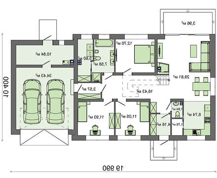Visualization gallery - The project of a one-story cottage with a garage for two cars