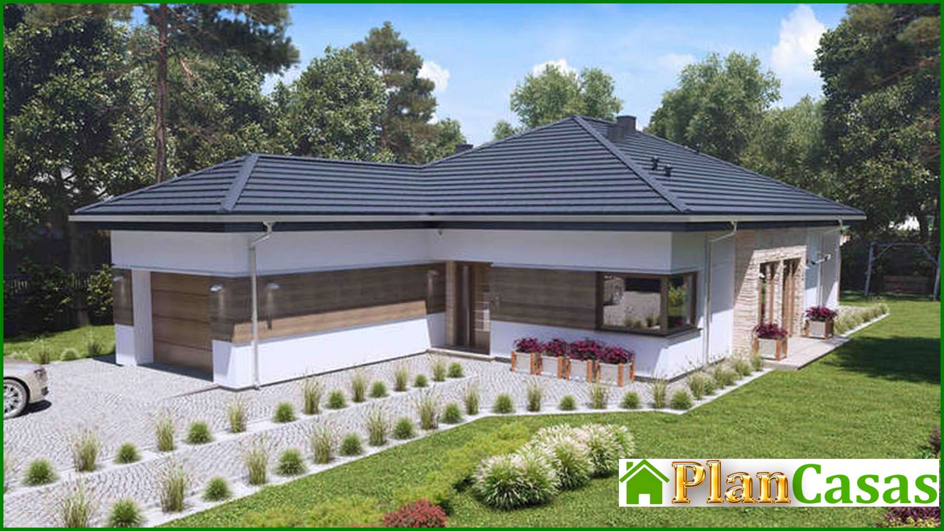 The project of a one-story house with artificial stone decor house plan