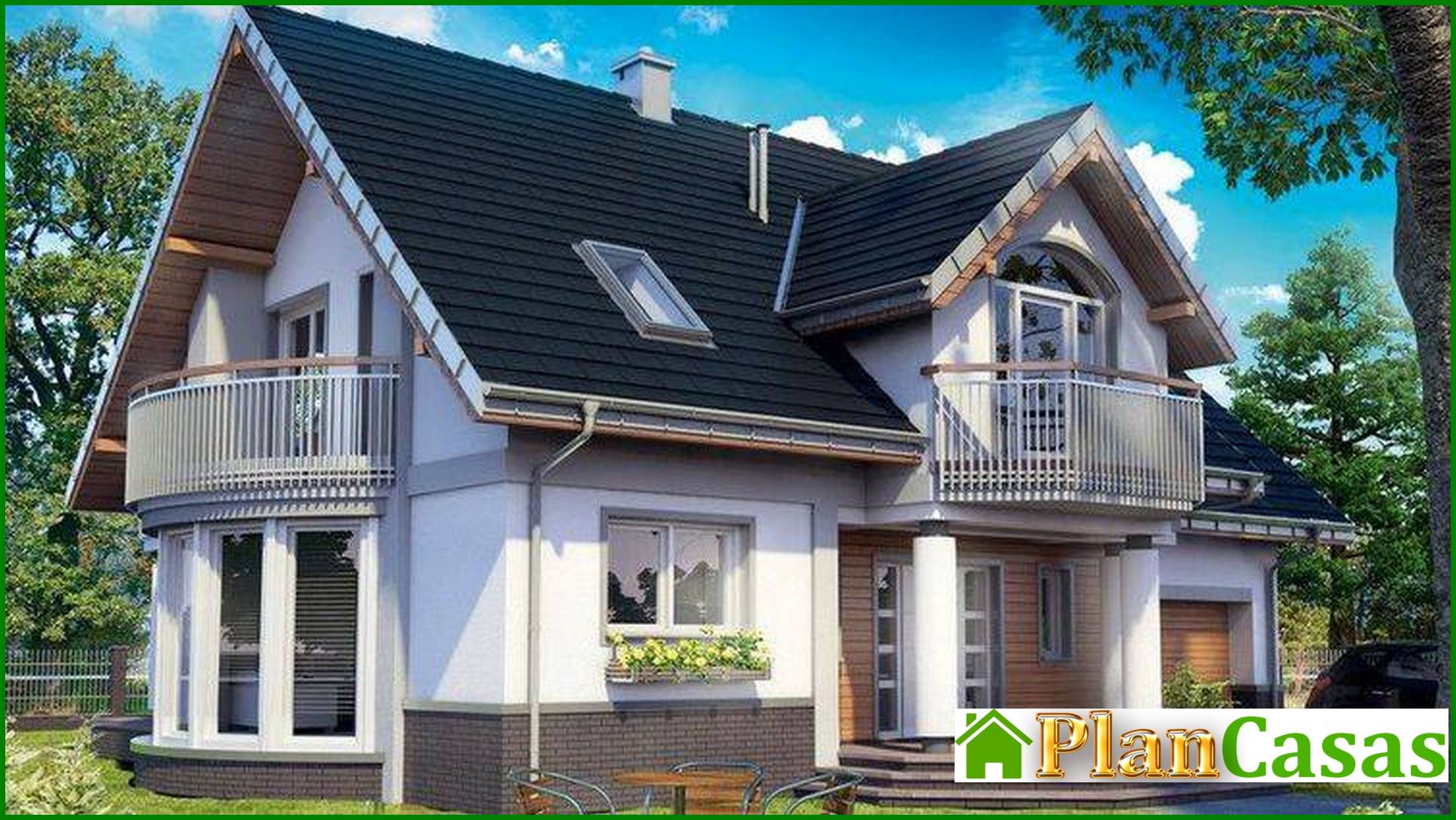 Architectural project of a country house with a living room with a bay window house plan