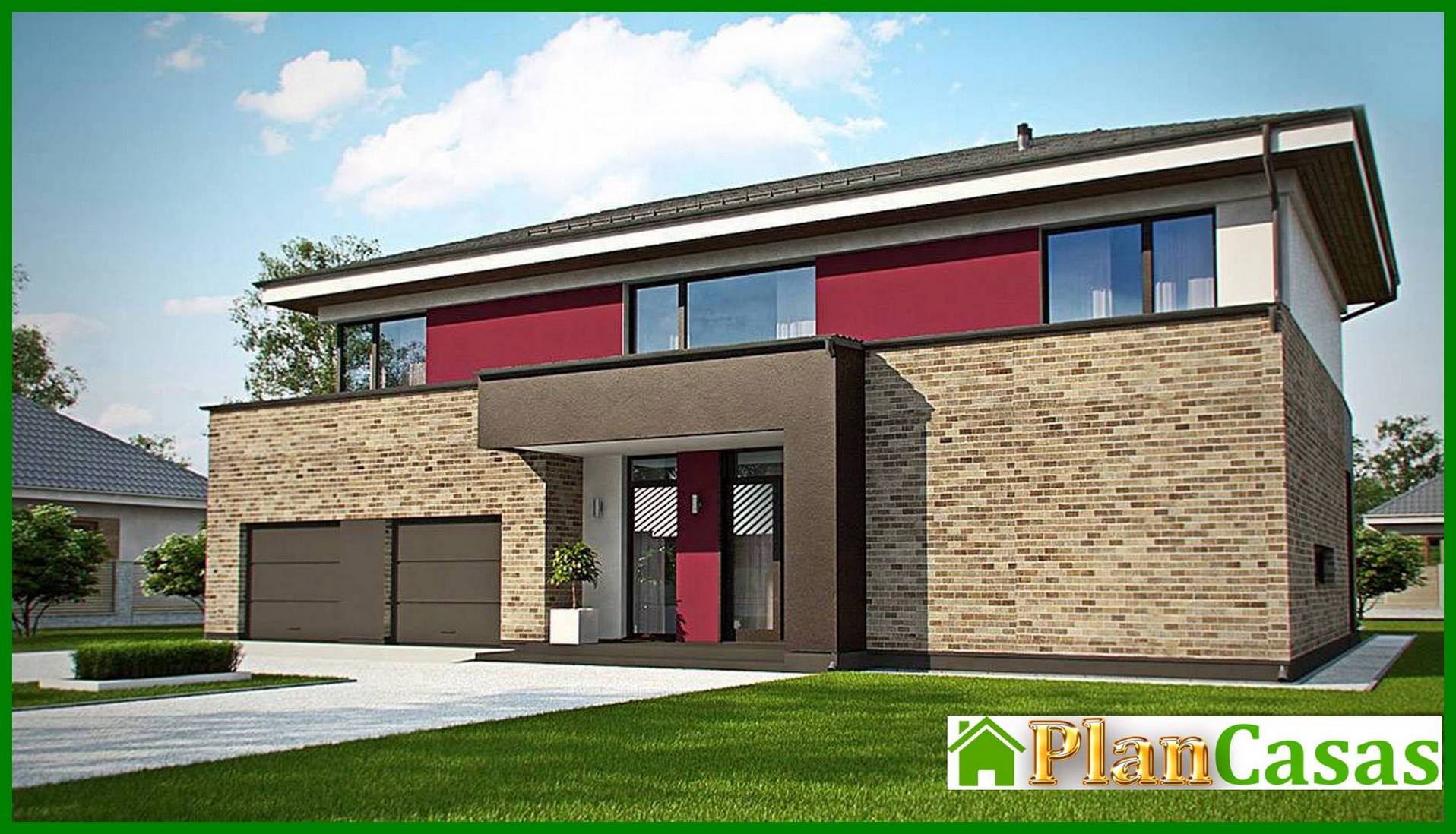 Visualization gallery - Modern project of a two-story house with a garage for two cars and a sauna