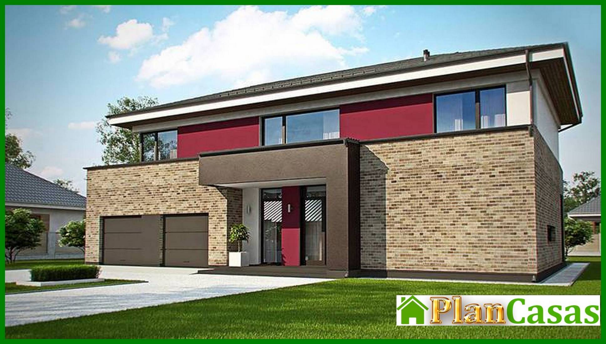 Modern project of a two-story house with a garage for two cars and a sauna house plan