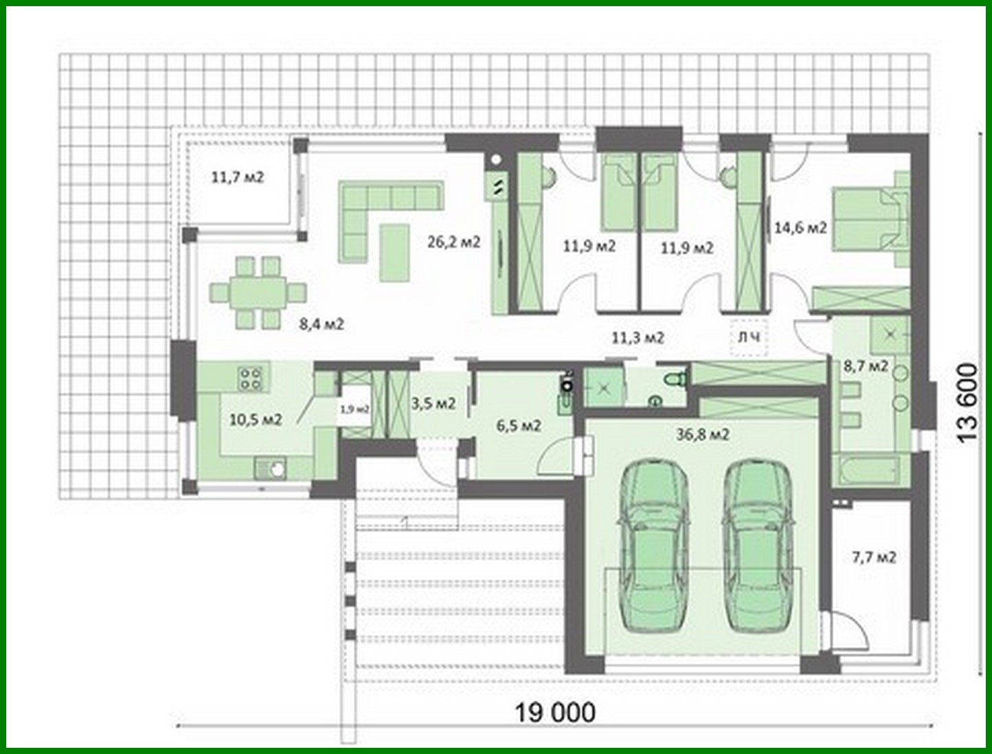 Visualization gallery - Modern one-story mansion with a garage for two cars