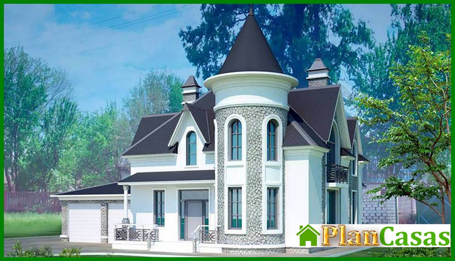Project of a small castle with a garage for 2 cars house plan
