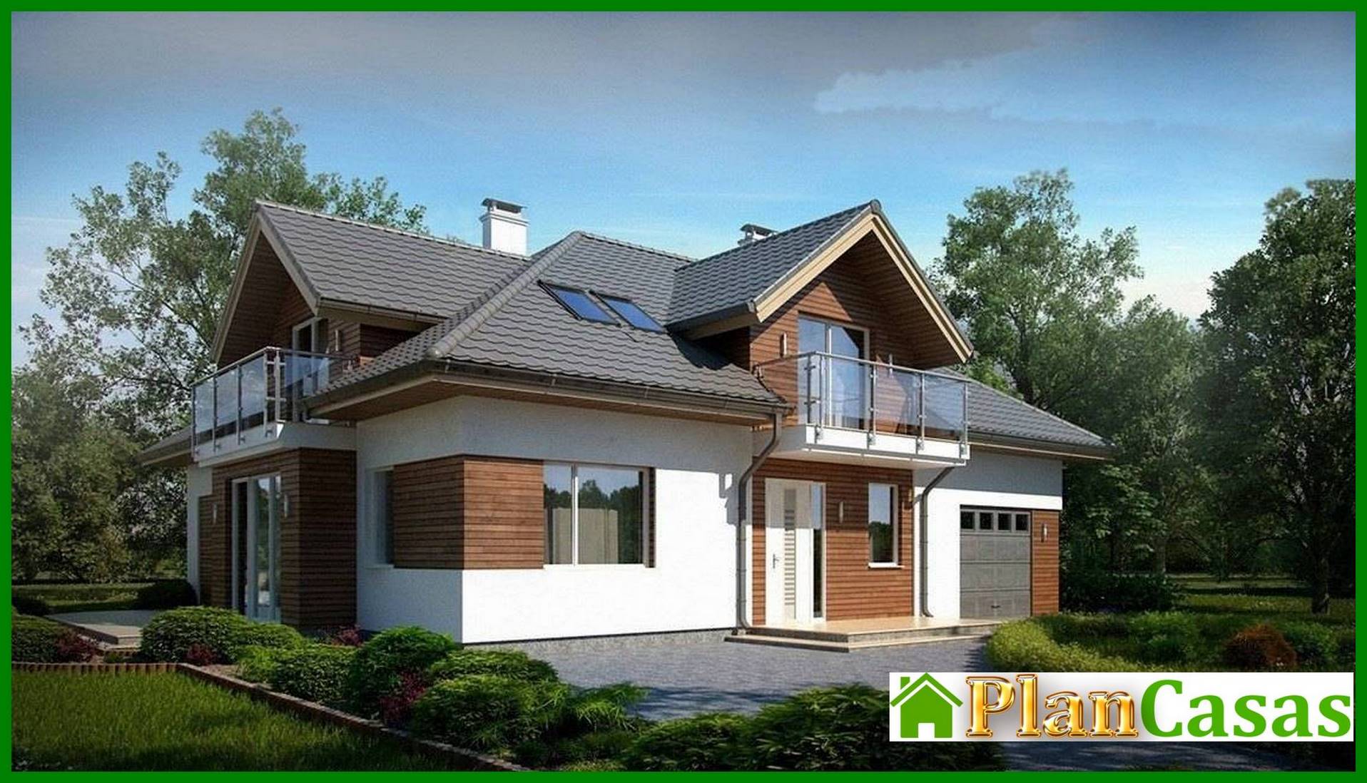 The project of a classic house with a garage and a beautiful attic house plan
