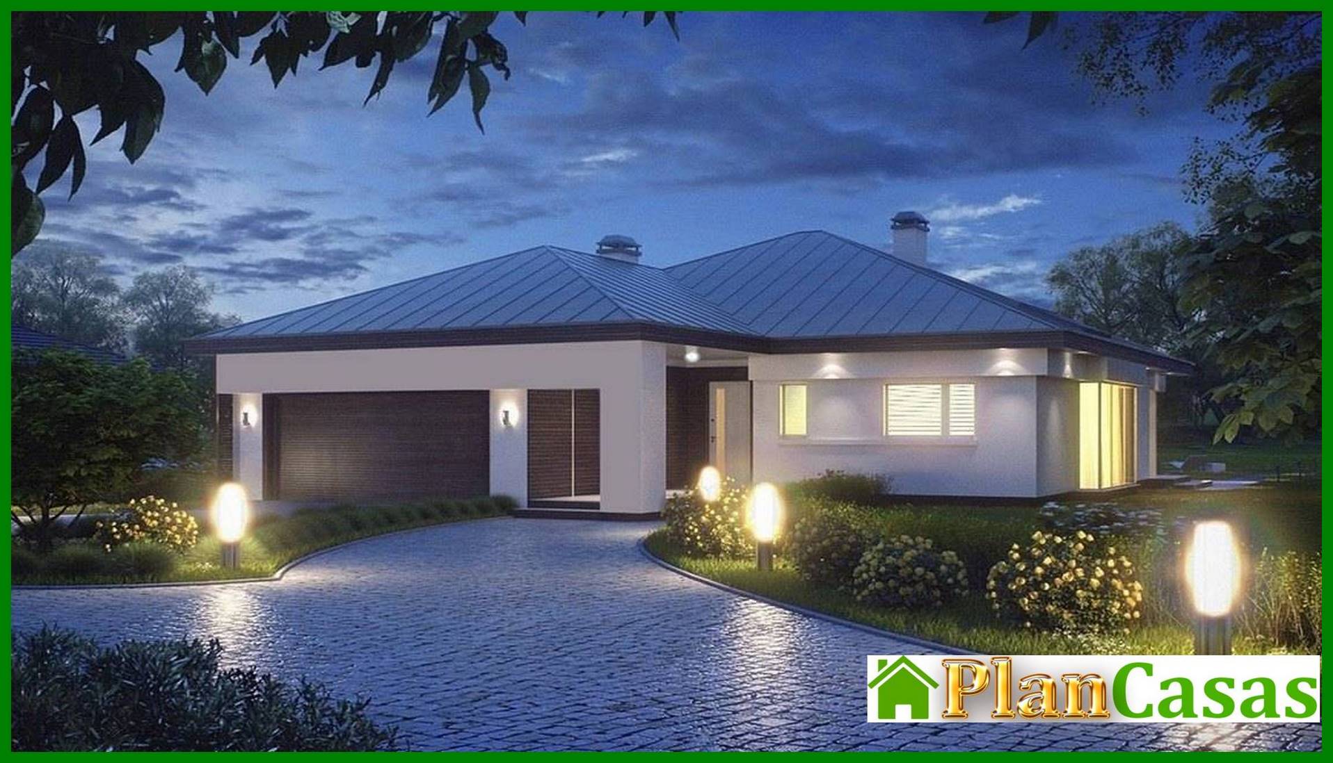 The project of a one-story cottage with a garage for two cars house plan