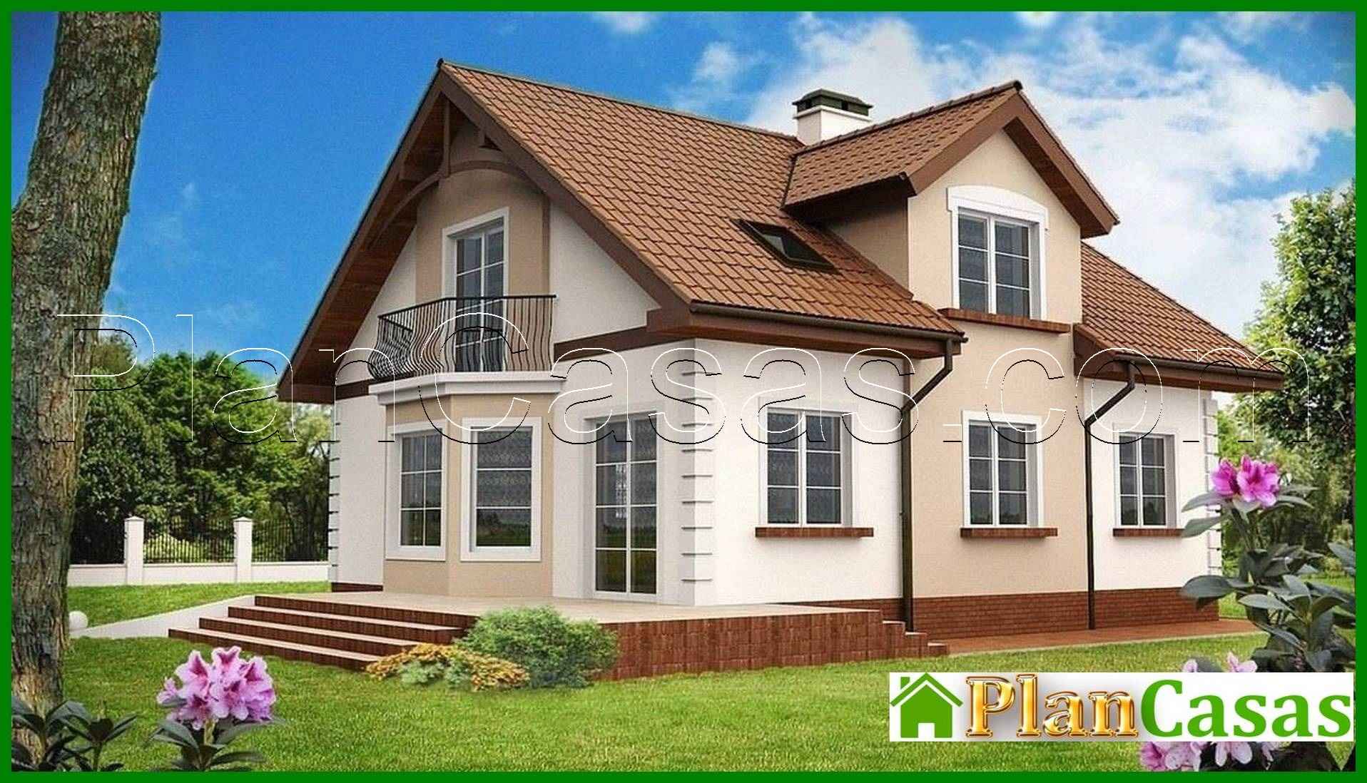 Project of a traditional house with an attic and a bay window house plan