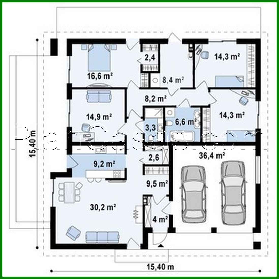 Visualization gallery - Project of a one-story house with 4 bedrooms and a garage