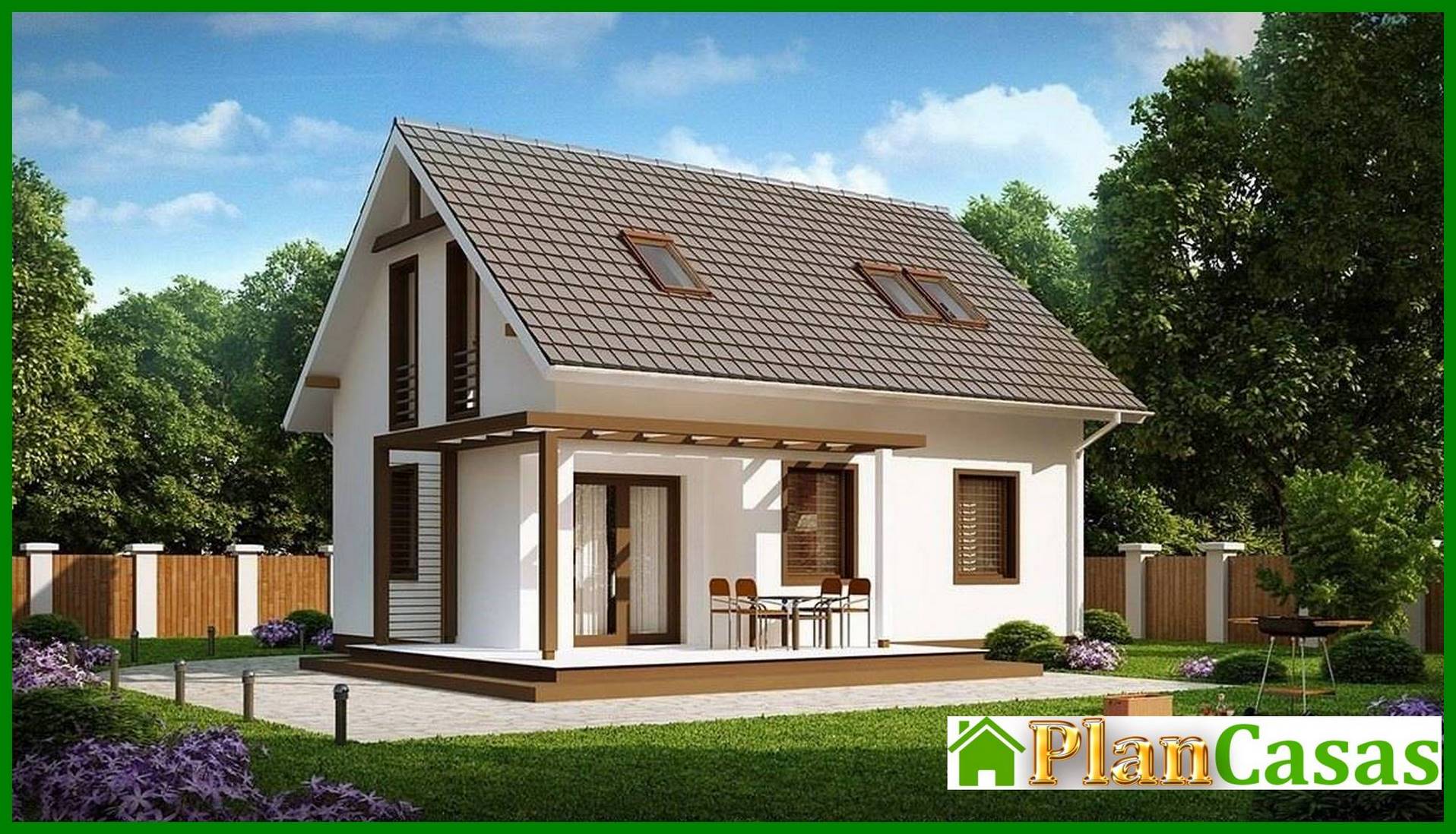 The project of a white cottage with an attic, made in the classical style house plan