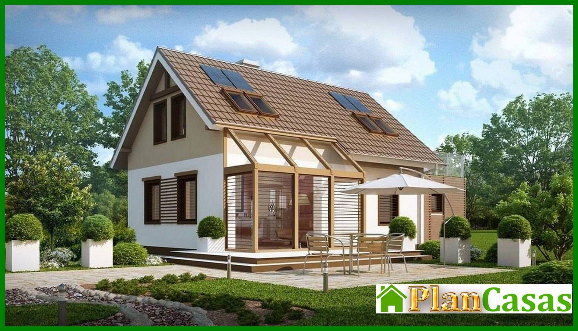 The project of a cottage with an attic, a garage and a cozy beautiful terrace house plan