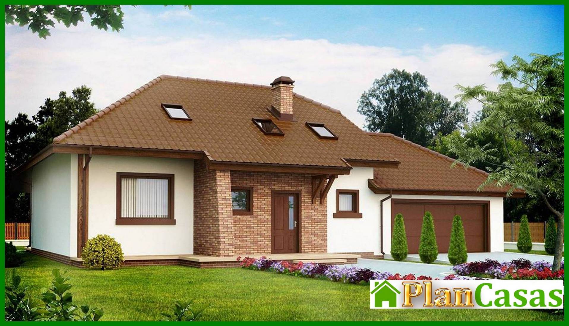 House project with an attic and a garage for two cars house plan