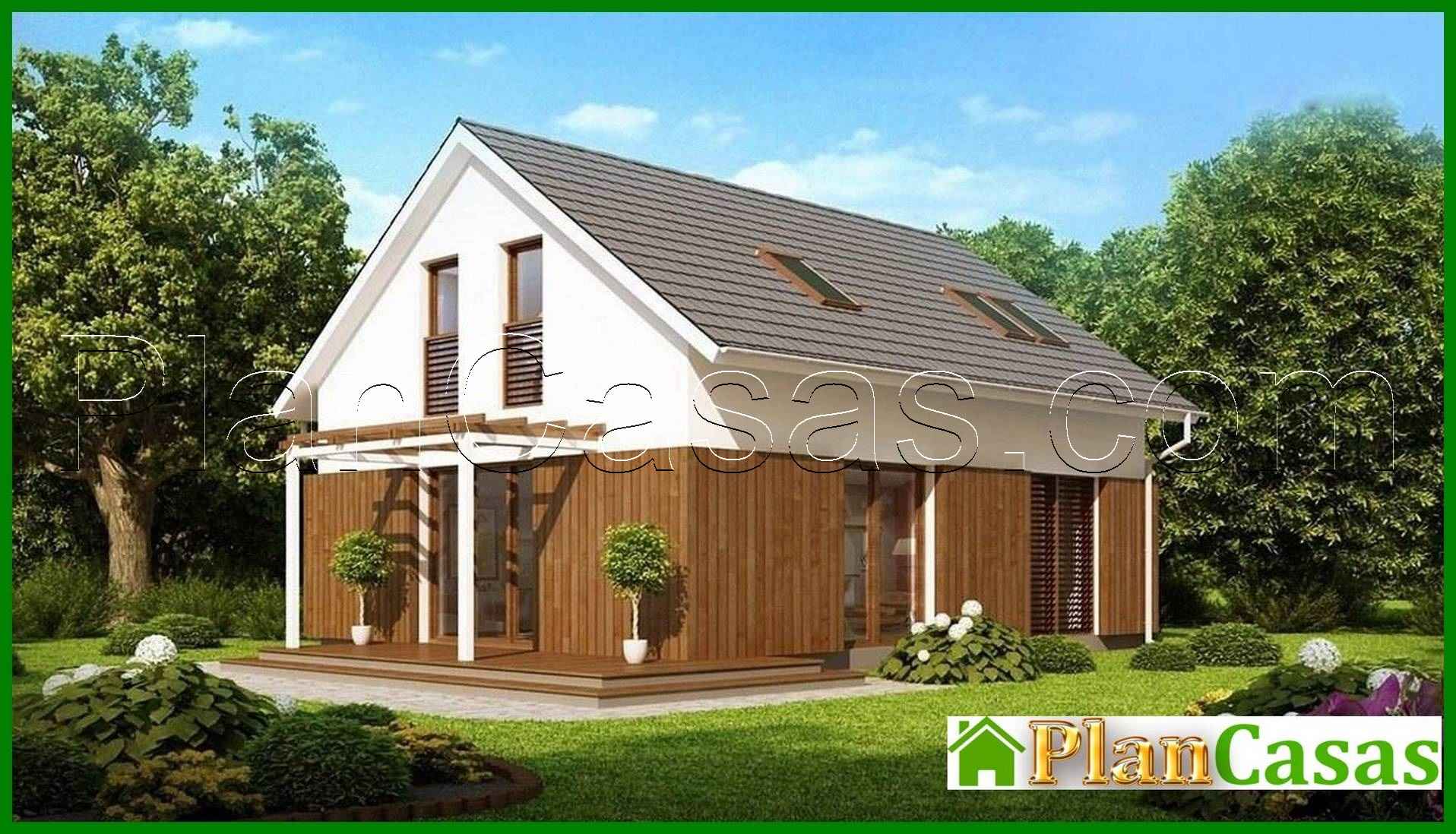 Cottage project with an attic, gable roof and wooden facade house plan