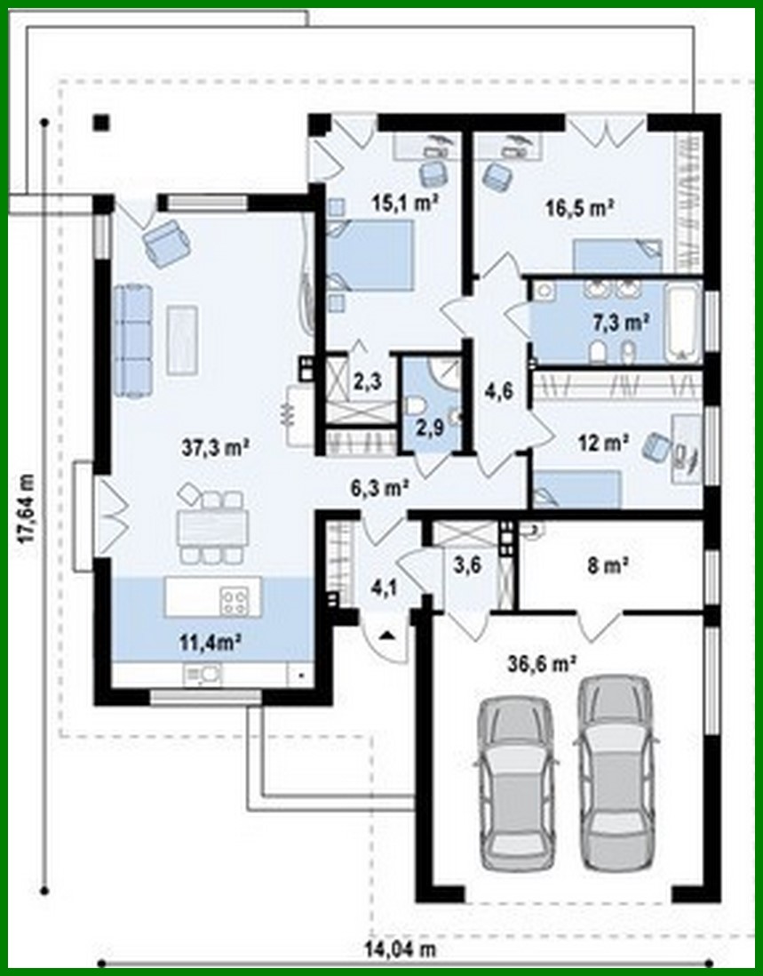 Visualization gallery - Project of a one-story house with a garage for two cars