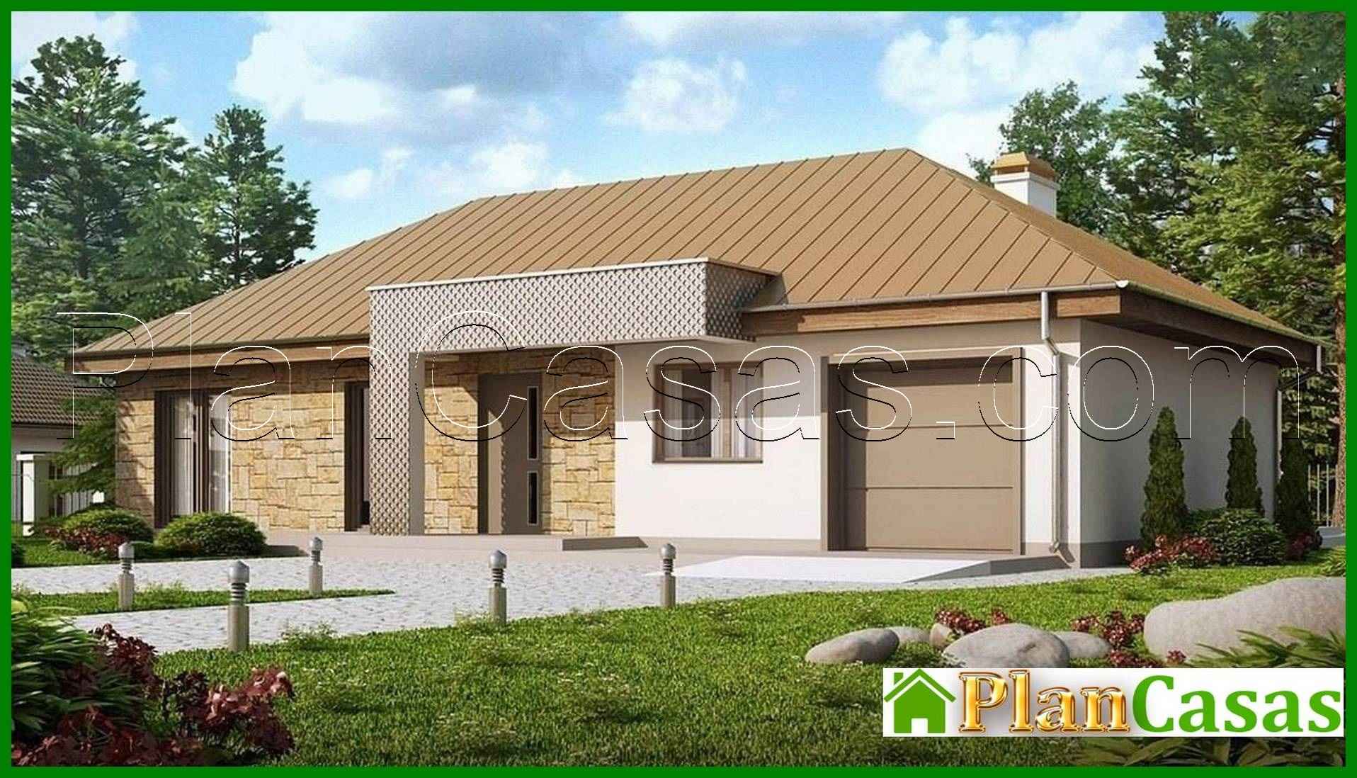 Single-storey cottage project with garage, with private area house plan