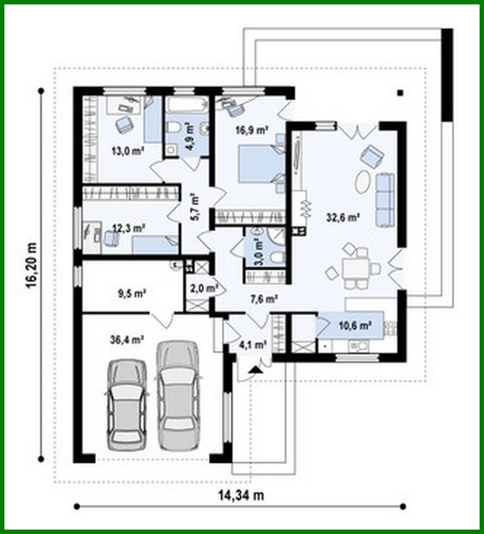Visualization gallery - One-storey cottage project with a garage for two cars and a large utility room