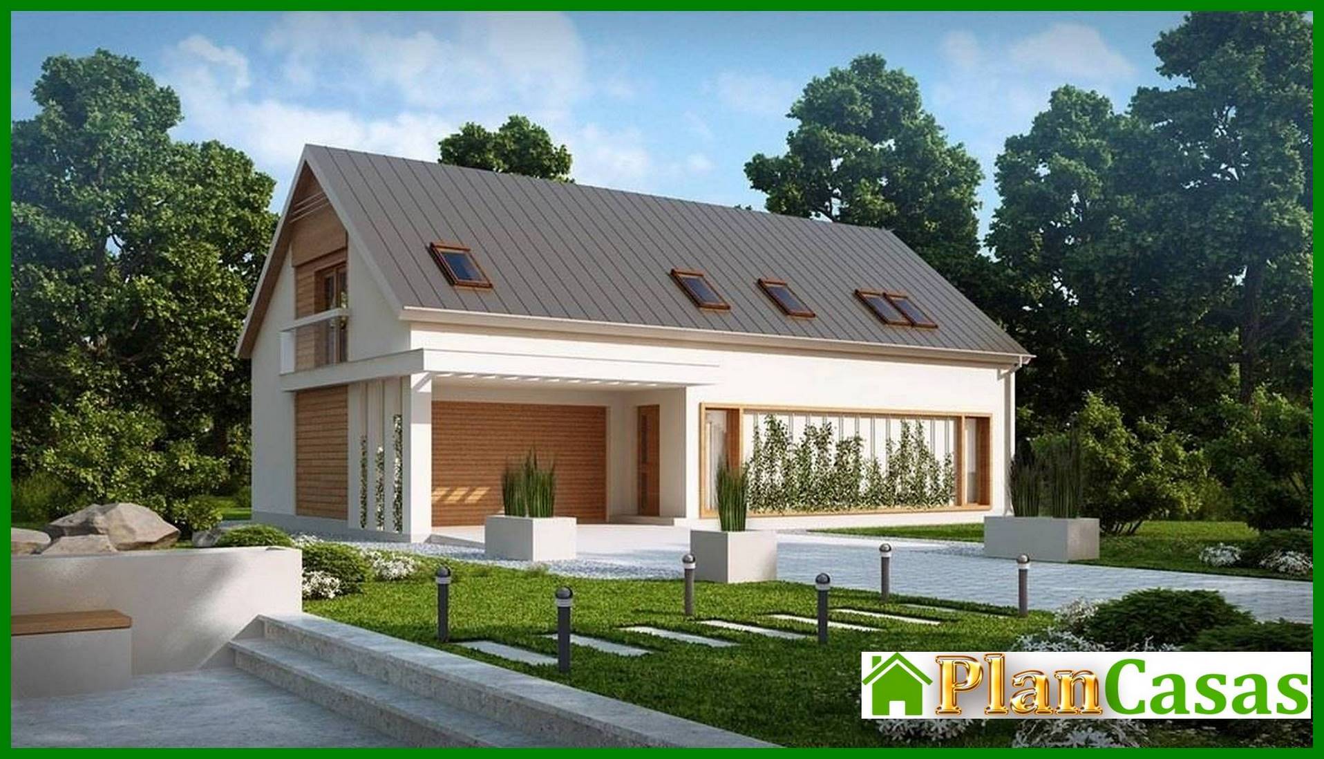 House project with a gable roof and a garage for two cars house plan