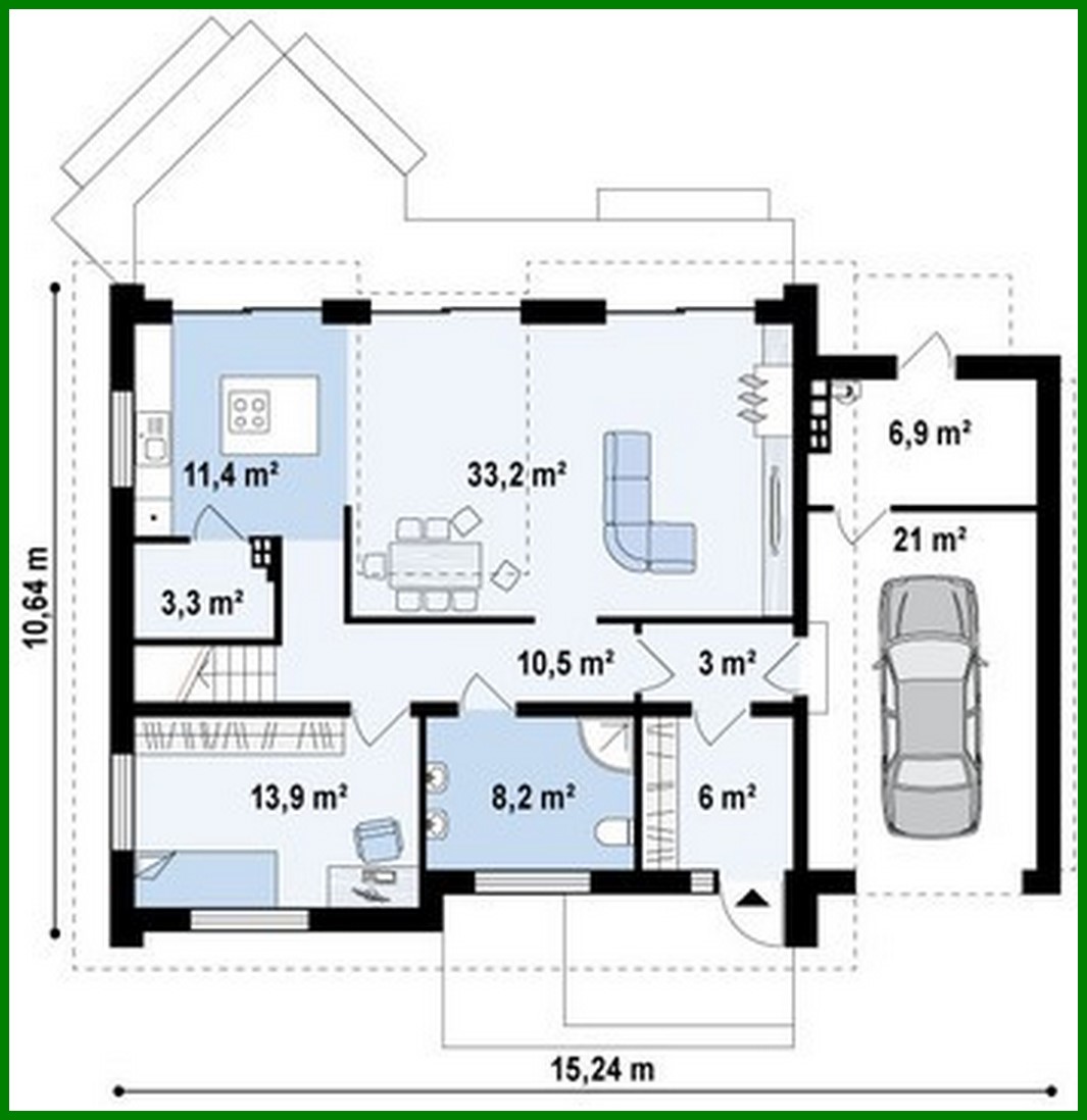 Visualization gallery - The project of a one-story house with an attic and a large front window in the living room