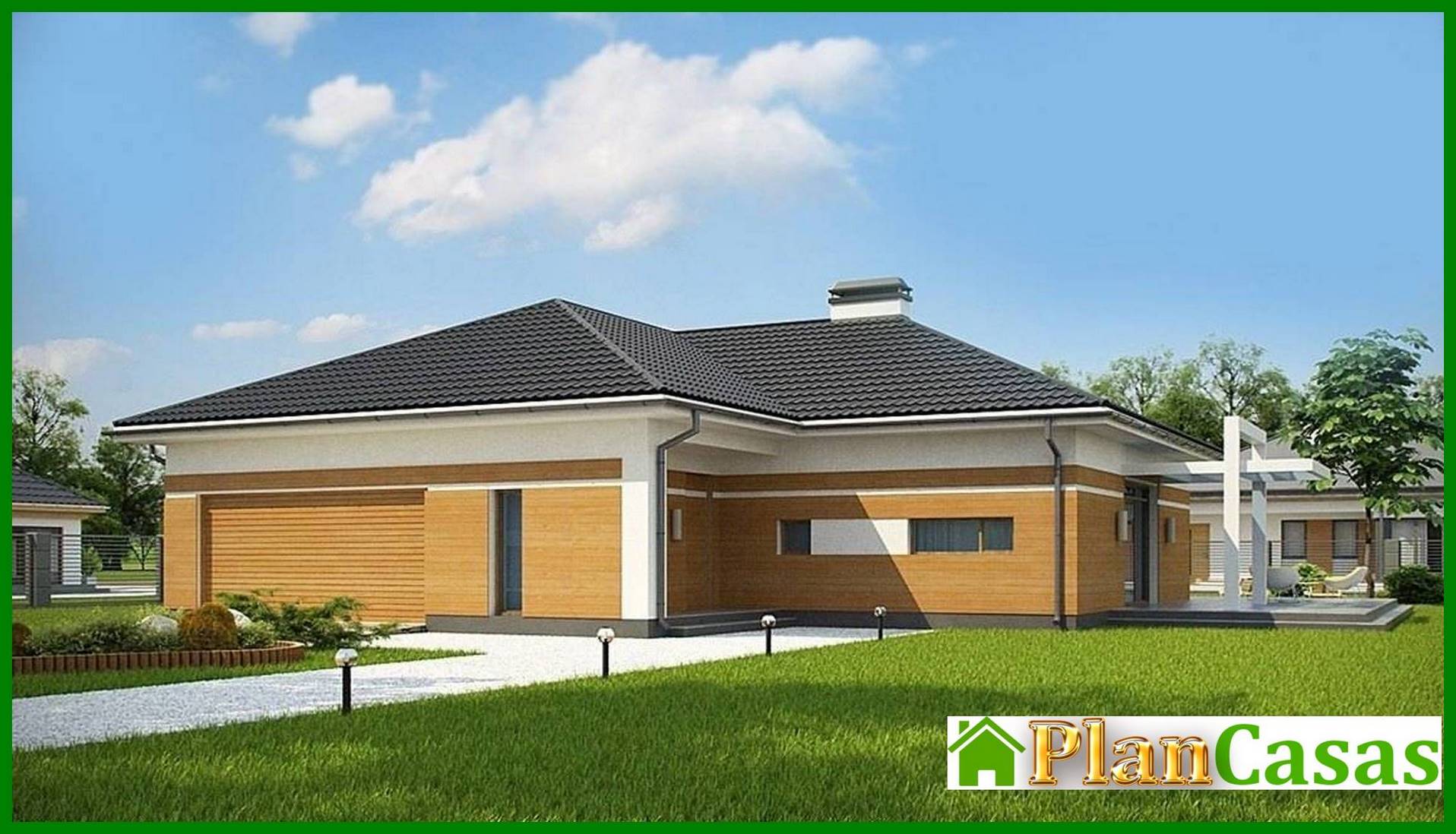 Project of a stylish one-story house with a large garage for 2 cars house plan