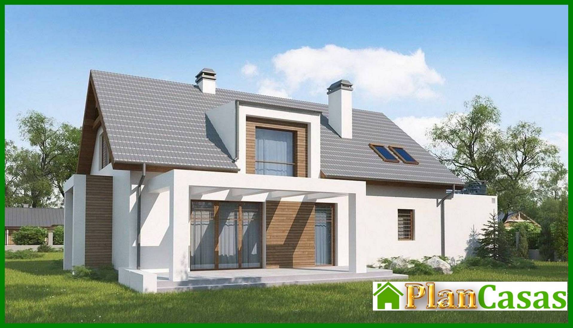 The project of a bright cozy cottage with an attic and a garage for 2 cars house plan