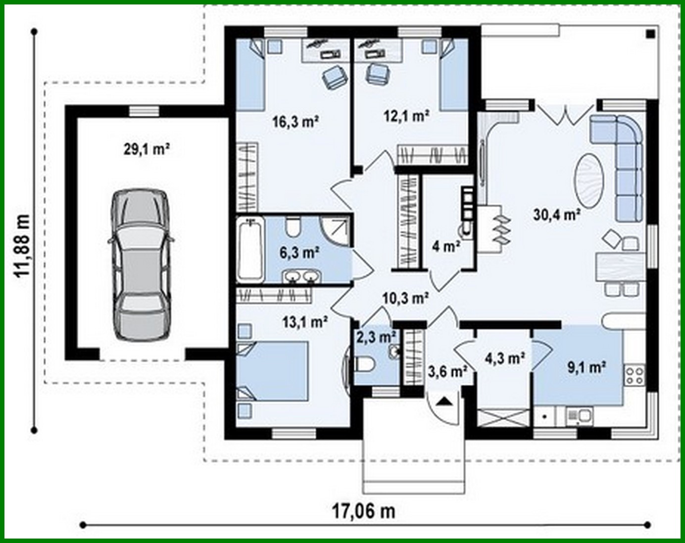 Visualization gallery - The project of a one-story summer classic house with a four-gable roof