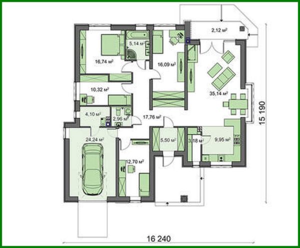 386. One-storey cottage project with a garage and 4 comfortable bedrooms