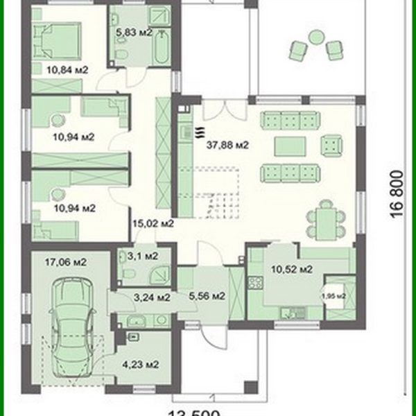 388. The project of a one-story residential building with a spacious seating area