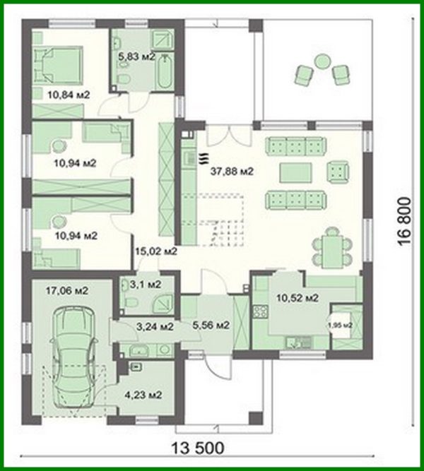 388. The project of a one-story residential building with a spacious seating area