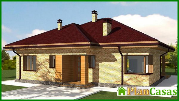 452. Project of a beautiful cottage decorated with bricks and two bedrooms, a large wardrobe
