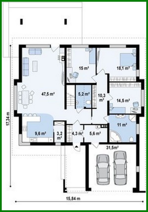 464. Three-bedroom house project with frontal garage