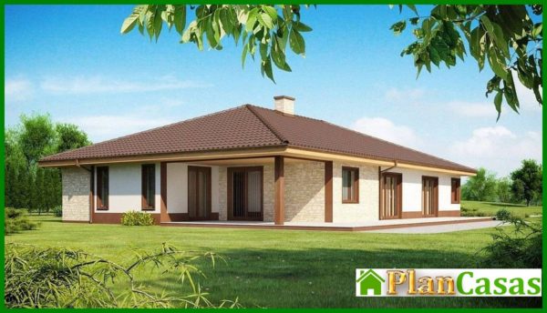 465. Single-storey cottage project for a narrow plot with a large garage