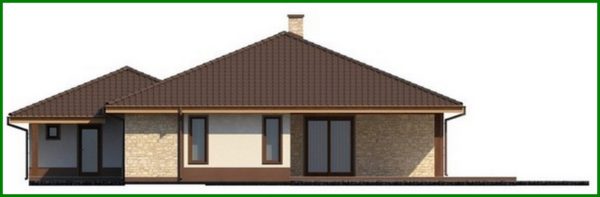 465. Single-storey cottage project for a narrow plot with a large garage