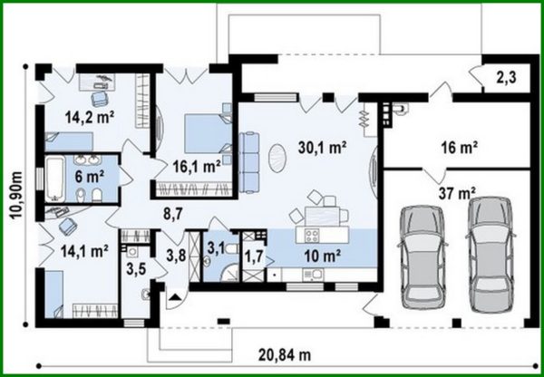 494. High-tech cottage project with a garage for two cars