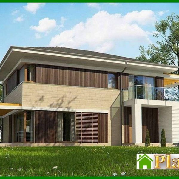 498. The project of a stylish bright beautiful two-story house with a garage and a terrace