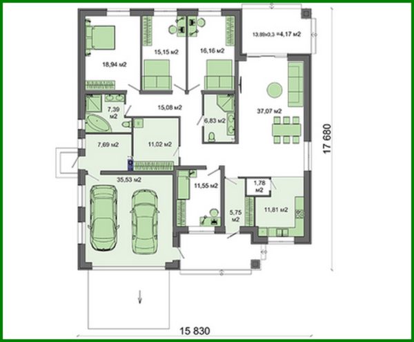 515. The project of an elegant one-story house with a spacious garage