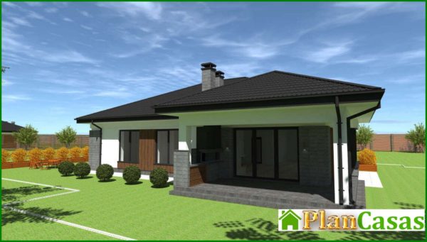 540. The project of a comfortable one-story house with an area of 172 sq. M. With a decor of gray stone and wooden panels