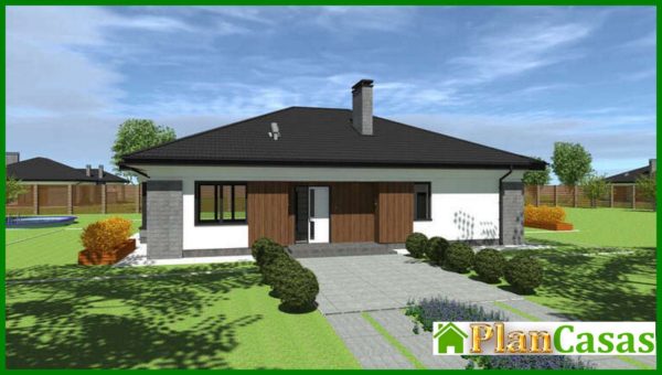 540. The project of a comfortable one-story house with an area of 172 sq. M. With a decor of gray stone and wooden panels
