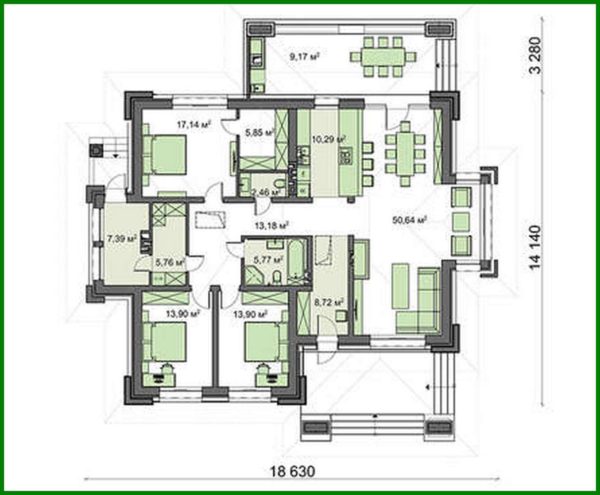 543. The project of a compact house with an area of 164 square meters. m with three private bedrooms