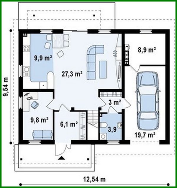 599. Project of a family house with an attic and with an additional bedroom