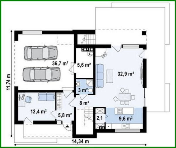 645. Project of a modern cottage with a terrace and a garage for 2 cars