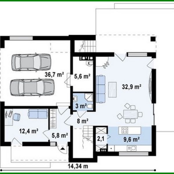 645. Project of a modern cottage with a terrace and a garage for 2 cars