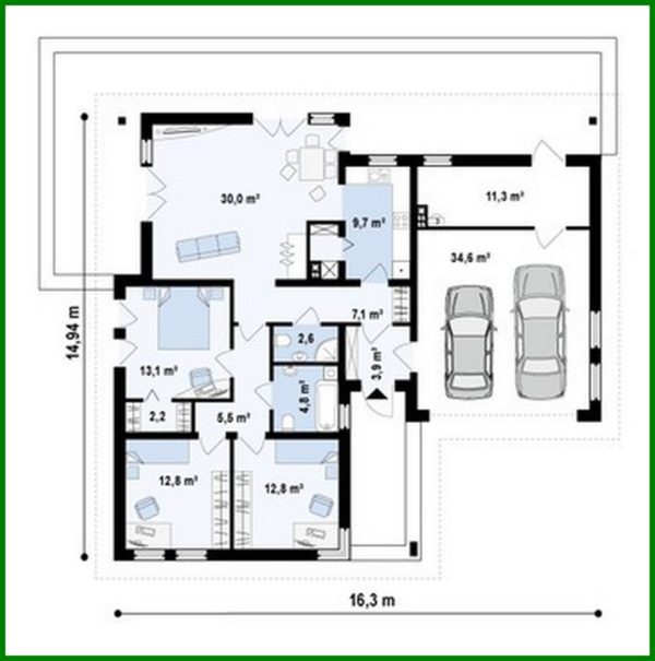 680. Project of a functional one-story cottage with a garage for 2 cars