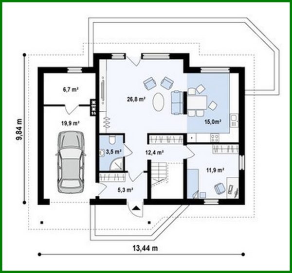 780. Project of a cottage with a garage and a large skylight