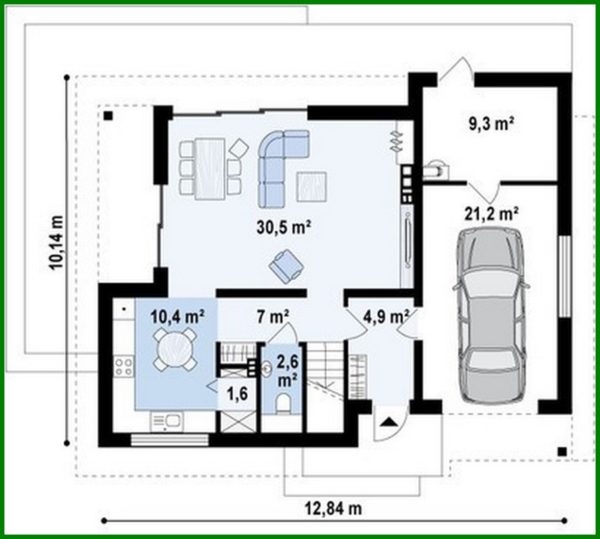 797. The project of a modern stylish small house with an attic, a garage for 1 car