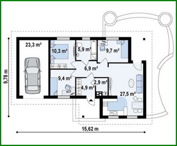 854. Project of a stylish one-story house with a garage