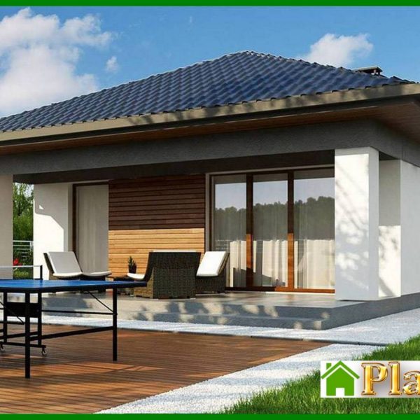 900. The project of a compact cottage on 116 square meters. m under a pitched roof made of metal