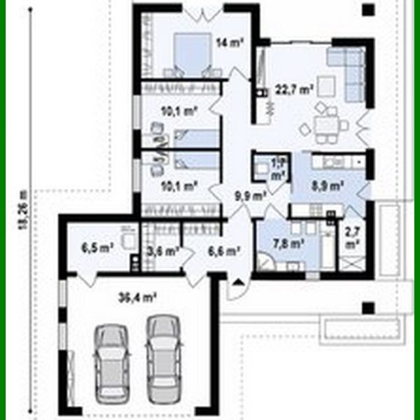 909. The project of a classic one-story cottage with a garage for two cars with an area of ​​up to 150 m2